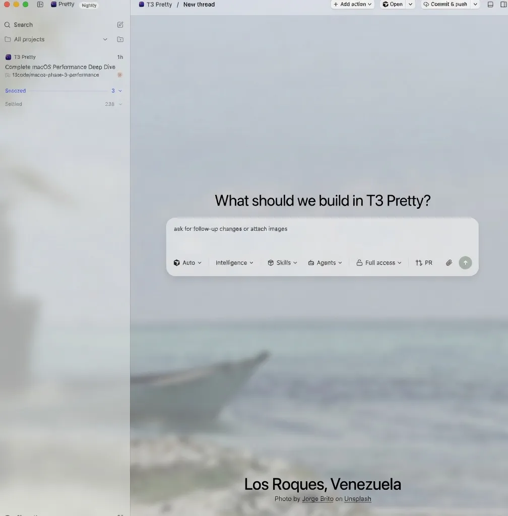 T3 Pretty showing a new thread over a blurred photo of Los Roques, Venezuela