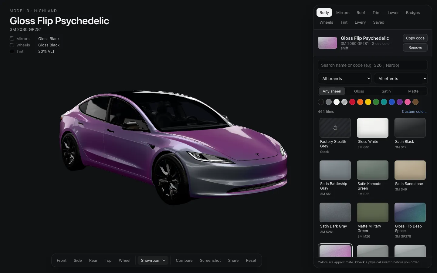 Wraplab studio showing a car in a purple colour-shift wrap next to a panel of film swatches